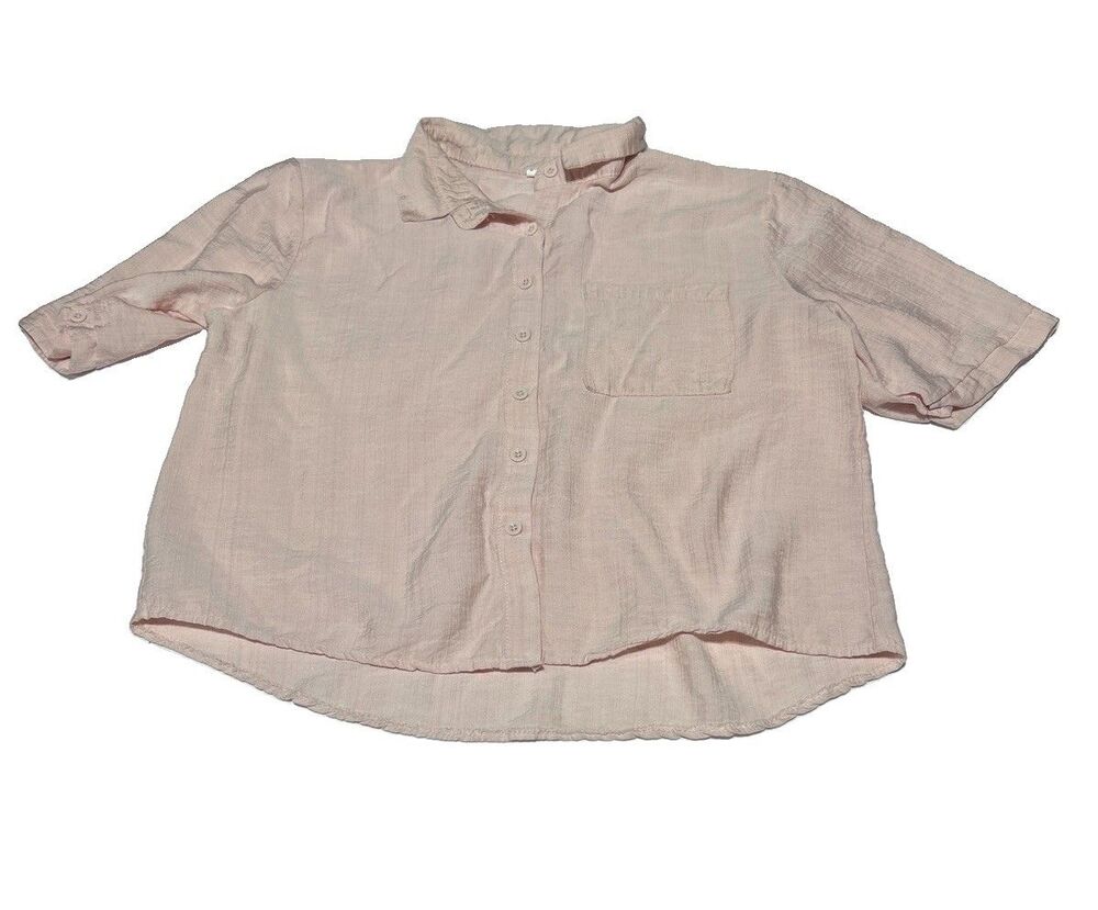 Women's Light Pink Short Sleeve Button-Down Shirt Textured Casual Top Size 3